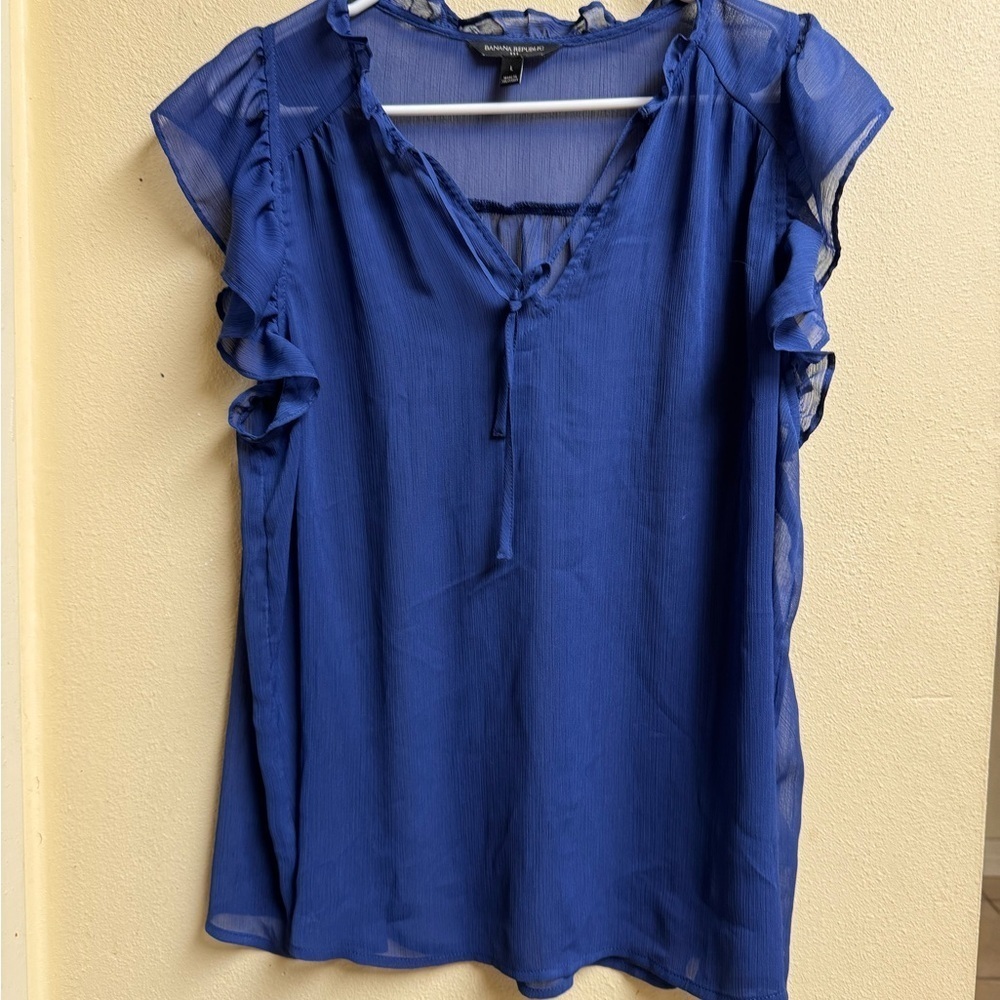 Banana Republic Sheer Ruffle Blouse – Women’s Size Large, V-Neck Tie Detail,